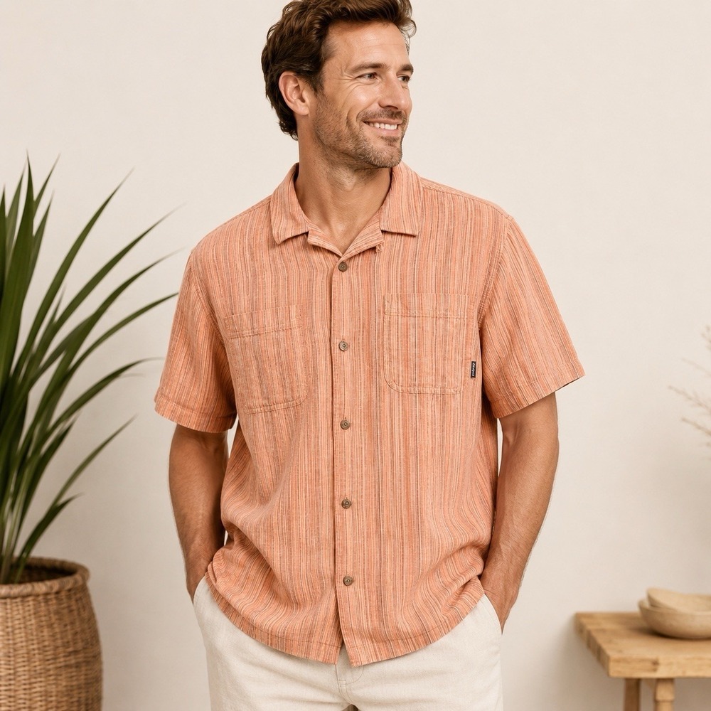 Eddie Bauer Hemplify Camp Shirt Men's Size XL Hemp Cotton Coral Stripe Shirt